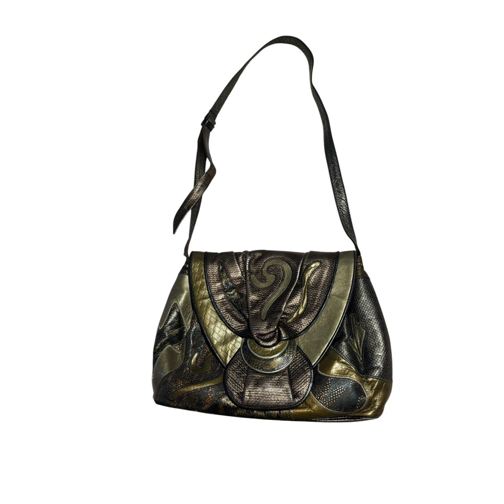 VTG 80s Brown Gold Shimmer Handbag by Sharif. Dynasty.‎ Loud. Chic. Long Strap.